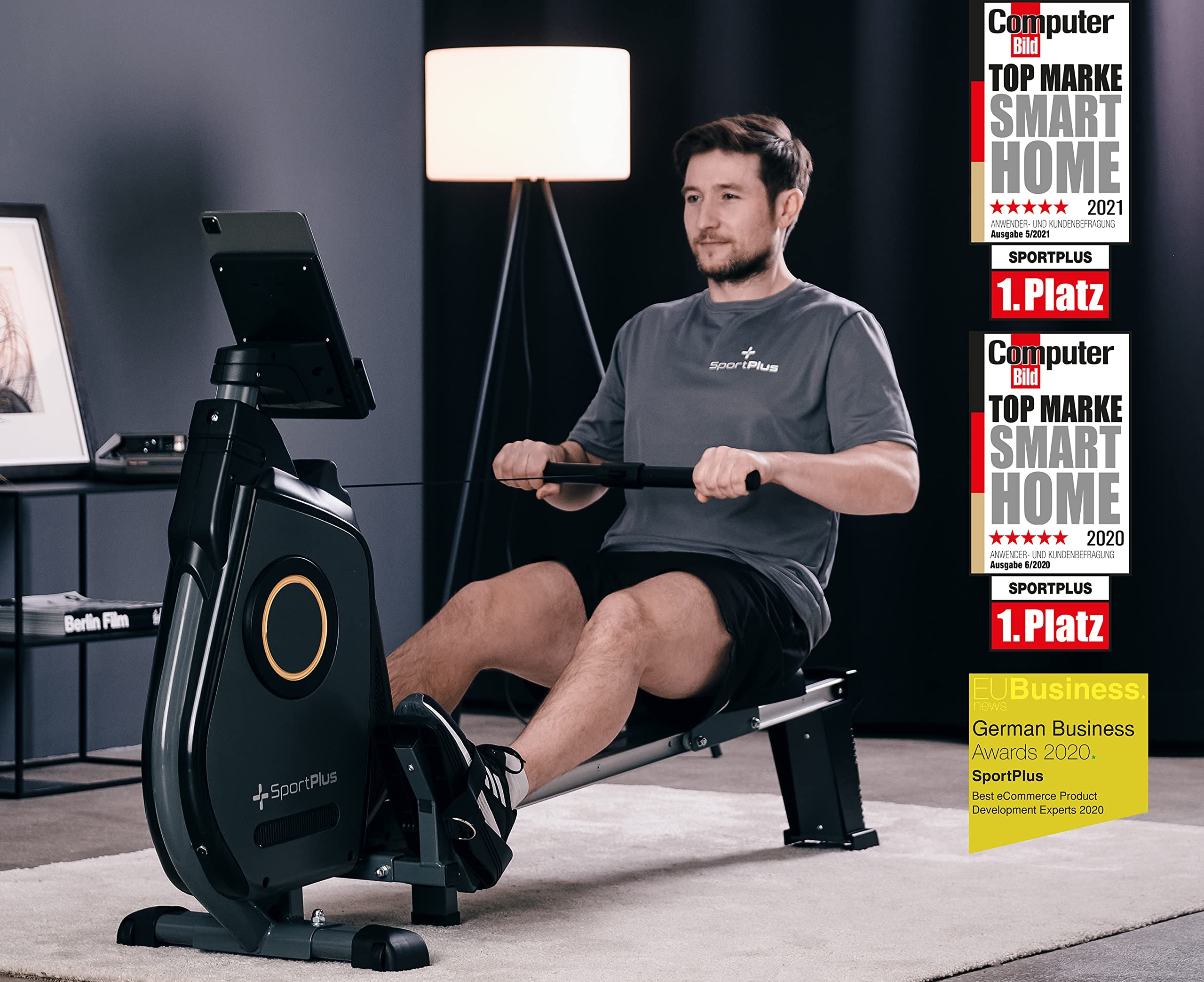 SportPlus Rudergerät für zuhause, Rudergerät klappbar mit App-Steuerung und 24-Stufen-Magnetbremse mit 8kg Schwungmasse, Maße: ca. 180x48x96,5cm (LxBxH); Klappmaße: 79x48x134cm (LxBxH)