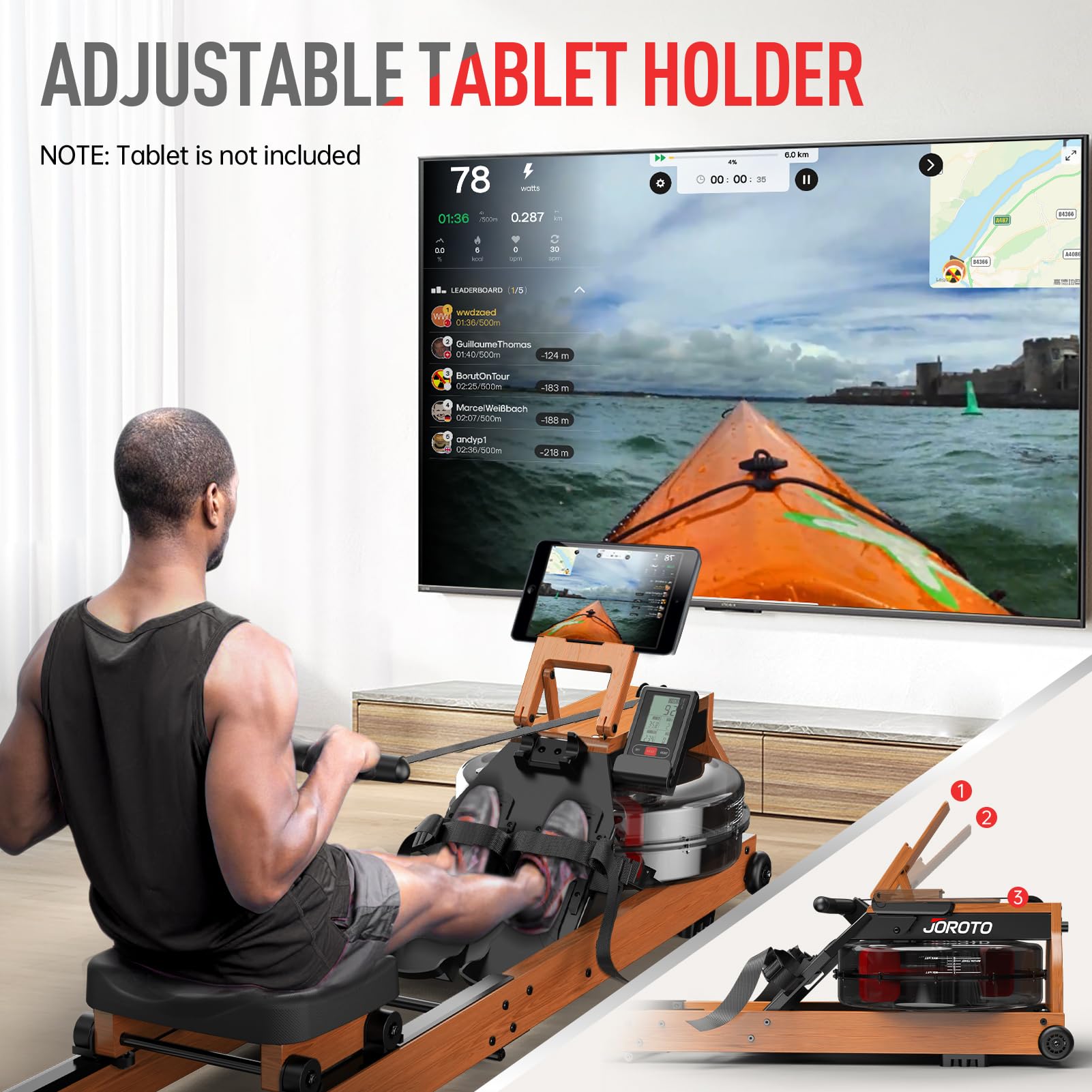 JOROTO Rudergerät für Zuhause aus Eiche, Rudergerät Wasser klappbar mit Bluetooth Display &30 Tage kostenlose Kinomap-Mitgliedschaft，Rudermaschine mit Verstellbarer Tablethalterung 150kg belastbar